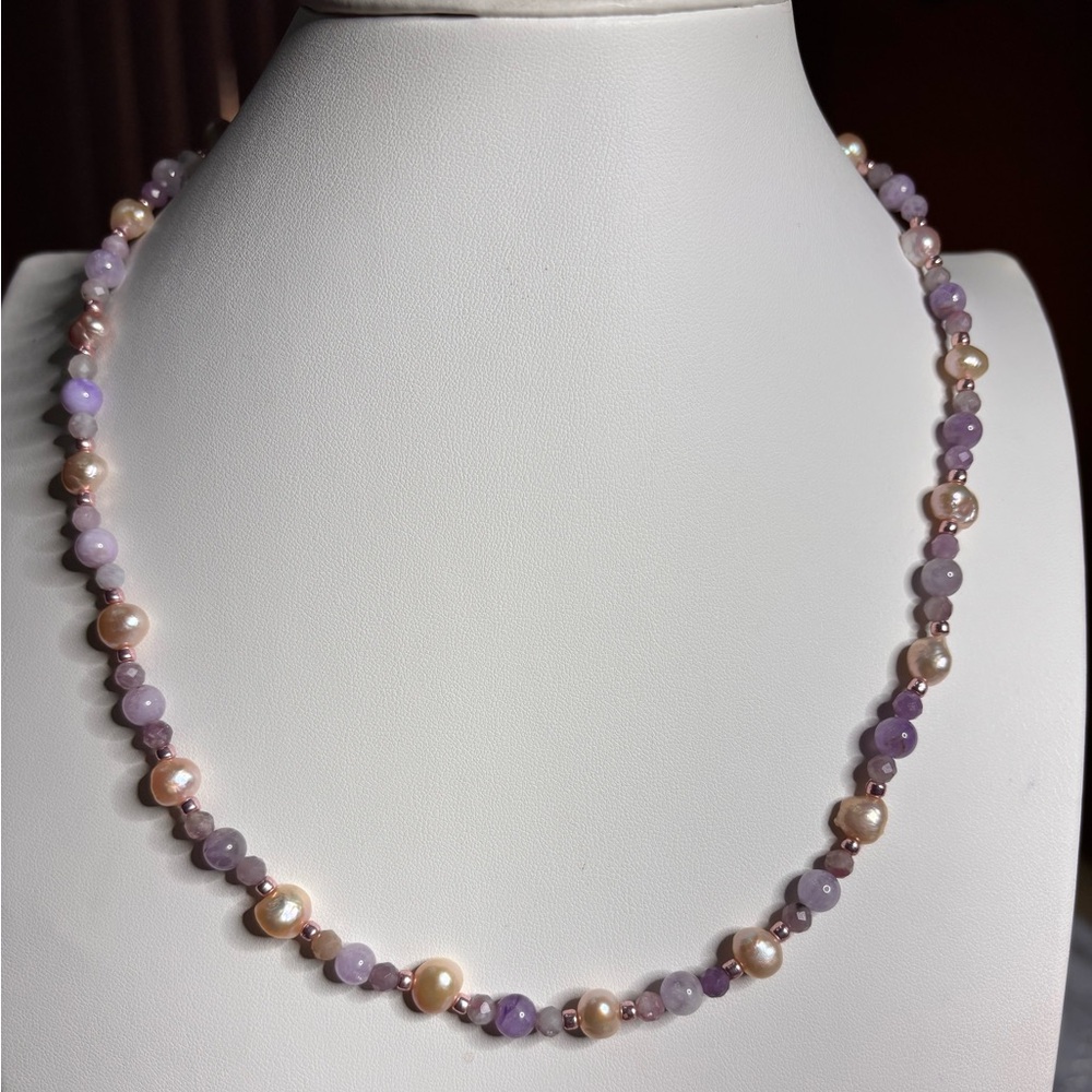 Handmade Lavender Jade and Freshwater Pearl Beaded Necklace 20 inches